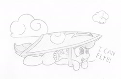 Size: 2000x1300 | Tagged: safe, artist:ramott, derpibooru import, scootaloo, flying contraption, hang gliding, monochrome, scootaloo can fly, sketch, solo