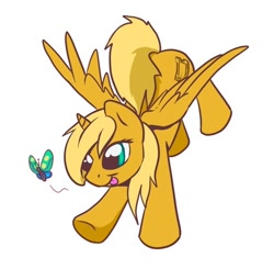 Size: 500x489 | Tagged: safe, artist:desert-sage, derpibooru import, oc, oc only, oc:ticket, alicorn, butterfly, pony, alicorn oc, solo, tongue out