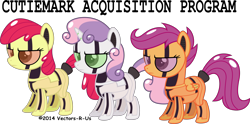 Size: 7000x3480 | Tagged: safe, artist:apony4u, apple bloom, scootaloo, sweetie belle, sweetie bot, earth pony, pony, robot, robot pony, unicorn, friendship is witchcraft, apple bloom bot, blank flank, cutie mark crusaders, female, filly, foal, hooves, horn, scootabot, text, wings