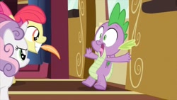 Size: 853x480 | Tagged: safe, derpibooru import, screencap, apple bloom, spike, sweetie belle, dragon, just for sidekicks, feather, imminent tickles, oh crap, out of context