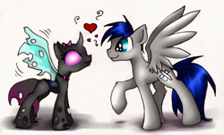 Size: 1100x664 | Tagged: safe, artist:kairaanix, oc, oc only, oc:carbon, oc:lilo, changeling, pegasus, pony, bowtie, choker, eye contact, female, heart, interspecies, male, raised hoof, smiling, spread wings, straight