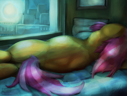 Size: 3000x2250 | Tagged: safe, artist:blindcoyote, derpibooru import, babs seed, bed, manehattan, sleeping, solo