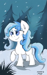 Size: 800x1280 | Tagged: safe, artist:macheteponies, oc, oc only, oc:ice dreams, atryl-ish, bedroom eyes, chest fluff, raised hoof, smiling, smirk, snow, snowfall, solo, style emulation, tree