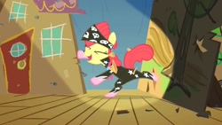 Size: 1136x640 | Tagged: safe, derpibooru import, screencap, apple bloom, the show stoppers, bandana, clothes, show stopper outfits, solo, spotlight