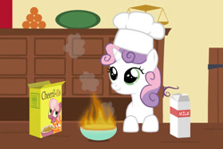 Size: 680x453 | Tagged: safe, artist:ohitison, derpibooru import, edit, cheerilee, sweetie belle, cereal, cheerios, chef's hat, cooking, fire, food, hat, how, milk, pyro belle, scrunchy face, simpsons did it, solo, sweetie belle can't cook, sweetie fail, sweetiedumb, the simpsons, toque