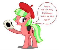 Size: 899x757 | Tagged: artist needed, source needed, safe, derpibooru import, drama letter, watermelody, alternate design, background human, beret, ponified, skull, solo