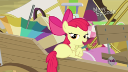 Size: 1920x1080 | Tagged: safe, derpibooru import, screencap, apple bloom, pinkie apple pie, cart, hub logo, lidded eyes, out of context, plot, solo, wagon