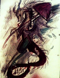 Size: 1418x1856 | Tagged: safe, artist:luted, derpibooru import, discord, solo, traditional art, umbrella