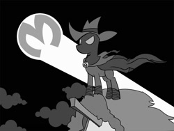 Size: 1000x753 | Tagged: safe, artist:lendabit, derpibooru import, mare do well, batsignal, monochrome