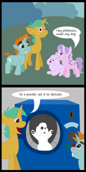 Size: 735x1470 | Tagged: safe, artist:philith, derpibooru import, diamond tiara, snails, snips, dog, poodle, animal abuse, beavis and butthead, comic, inappropriate joke, washing machine