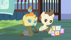 Size: 853x480 | Tagged: safe, derpibooru import, screencap, pound cake, pumpkin cake, baby cakes, building blocks, diaper, diapered, diapered colt, diapered filly, diapered foals, female, filly, ominous shadow, one month old colt, one month old filly, one month old foals, out of context, pacifier, shadow, smelly, visible stench, white diapers