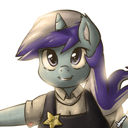 Size: 926x926 | Tagged: safe, artist:marble-soda, derpibooru import, minuette, anthro, unicorn, clothes, female, lip bite, looking at you, mare, sheriff, shirt, simple background, smiling, smiling at you, solo, white background