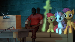 Size: 1024x576 | Tagged: safe, artist:fezwearingdoctor, apple bloom, scootaloo, sweetie belle, 3d, cutie mark crusaders, demoman, eyelander, gmod, team fortress 2, television