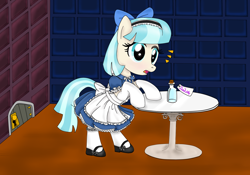 Size: 4000x2800 | Tagged: safe, artist:avchonline, coco pommel, absurd resolution, alice in wonderland, apron, bottle, clothes, crossover, door, dress, mary janes, petticoat, pinafore, ribbon, solo, stockings