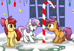 Size: 2176x1500 | Tagged: safe, artist:dawnmistpony, apple bloom, scootaloo, sweetie belle, earth pony, pegasus, pony, unicorn, hearth's warming eve (episode), 8 foot candy cane, candy cane, cutie mark crusaders, hearth's warming eve, licking, snow, stuck, tongue out, tongue stuck to pole