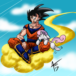 Size: 800x800 | Tagged: safe, artist:cynos-zilla, derpibooru import, sweetie belle, human, pony, unicorn, claire corlett, crossover, dragon ball z, female, filly, flying nimbus, goku, human male, ian james corlett, male, open mouth, shrunken pupils, son goku, voice actor joke