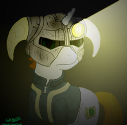 Size: 827x814 | Tagged: safe, artist:toasterrepairunit, oc, oc only, oc:littlepip, pony, unicorn, fallout equestria, ask-littlepip, clothes, crossover, dovahkiin, fallout, fanfic, fanfic art, female, helmet, horn, mare, skyrim, solo, the elder scrolls, vault suit