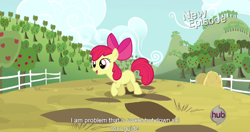 Size: 1152x607 | Tagged: safe, derpibooru import, screencap, apple bloom, pinkie apple pie, hub logo, meme, solo, youtube caption