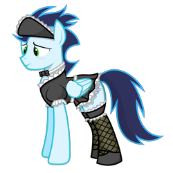 Size: 5000x5000 | Tagged: safe, artist:zbowpone, derpibooru import, soarin', pegasus, pony, absurd resolution, blushing, clothes, crossdressing, dress, fishnets, frown, looking down, maid, male, old cutie mark, sad, simple background, solo, stockings, transparent background, vector