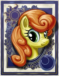 Size: 700x900 | Tagged: safe, artist:harwick, derpibooru import, carrot top, golden harvest, earth pony, pony, bust, harwick's sun/moon portraits, portrait, smiling, solo