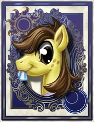 Size: 700x900 | Tagged: safe, artist:harwick, derpibooru import, hayseed turnip truck, pony, bucktooth, bust, harwick's sun/moon portraits, missing accessory, portrait, solo