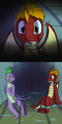 Size: 1280x2560 | Tagged: safe, artist:fuzebox, derpibooru import, spike, oc, oc:mangle, dragon, semi-anthro, cave, cell, dizzy, older, prison, prisoner, shackles, spike's journey, teenage spike, teenaged dragon, teenager