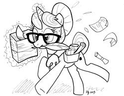 Size: 2000x1553 | Tagged: safe, artist:arrjaysketch, derpibooru import, raven, pony, unicorn, female, glasses, levitation, lineart, magic, mare, monochrome, paper, quill, running, saddle bag, signature, simple background, solo, sweat, telekinesis, white background, working