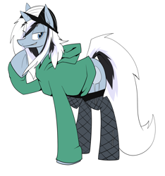 Size: 1500x1600 | Tagged: safe, artist:cymek, derpibooru import, oc, oc only, oc:taylorpone, pony, unicorn, beanie, bedroom eyes, clothes, fishnet stockings, hat, hoodie, smirk, solo