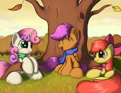 Size: 3300x2550 | Tagged: safe, artist:grennadder, derpibooru import, apple bloom, scootaloo, sweetie belle, autumn, clothes, cutie mark crusaders, scarf, tree