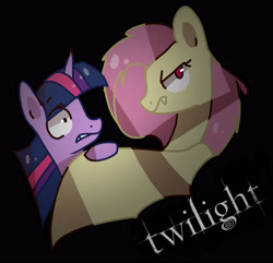 Size: 3696x3557 | Tagged: safe, artist:onicka12, derpibooru import, fluttershy, twilight sparkle, bat pony, pony, flutterbat, namesake, parody, pun, race swap, shipping, twilight (series), twishy