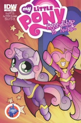 Size: 1265x1920 | Tagged: safe, artist:agnesgarbowska, derpibooru import, idw, scootaloo, sweetie belle, clothes, costume, cover, superhero