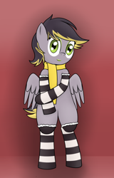 Size: 800x1250 | Tagged: safe, artist:pvryohei, derpibooru import, oc, oc only, oc:aero, pegasus, pony, bipedal, clothes, colt, crossdressing, eyelashes, eyeliner, lipstick, makeup, male, offspring, parent:derpy hooves, parent:oc:warden, parents:canon x oc, parents:warderp, scarf, socks, solo, striped socks, trap