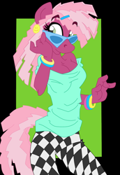 Size: 740x1078 | Tagged: safe, artist:krazykari, artist:trollie trollenberg, cheerilee, anthro, 80s, 80s cheerilee, bracelet, cleavage, clothes, female, solo, sunglasses