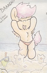 Size: 517x807 | Tagged: safe, artist:slightlyshade, derpibooru import, scootaloo, pony, beach, belly button, bipedal, clothes, sandcastle, solo, swimsuit, topless, traditional art