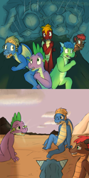 Size: 1280x2560 | Tagged: safe, artist:fuzebox, derpibooru import, spike, oc, oc:magma, oc:sharp, oc:snort, dragon, semi-anthro, cave, collapse, comic, happy, older, outdoors, relief, running, sitting, spike's journey, sunrise, teenage spike, teenaged dragon, teenager, tunnel