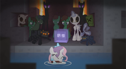 Size: 873x480 | Tagged: safe, derpibooru import, sweetie belle, spider, zombie, cave spider, creeper, don't mine at night, enderman, endermane, minecraft, skeleton, slime, wet mane