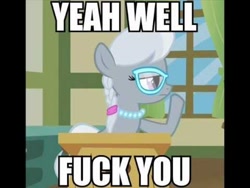 Size: 480x360 | Tagged: safe, silver spoon, caption, image macro, meme, ponyville schoolhouse, school, solo, vulgar