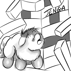 Size: 1250x1250 | Tagged: safe, artist:ryunnosuke, derpibooru import, fluffy pony, impending doom, jenga, monochrome, shocked, solo