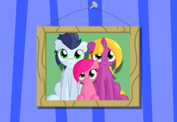 Size: 5055x3500 | Tagged: safe, artist:furrgroup, soarin', oc, oc:bright star, oc:rose, earth pony, pony, unicorn, bright star, canon x oc, cute, family, frame, group photo, photo, picture, prone, sitting, smiling