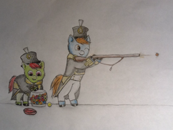 Size: 1024x768 | Tagged: safe, artist:waggytail, derpibooru import, fluffy pony, gumballs, gun, military, rifle, shako, soldier, war