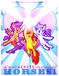 Size: 753x961 | Tagged: safe, artist:miniyuna, derpibooru import, apple bloom, scootaloo, sweetie belle, flight to the finish, cutie mark crusaders, heart, hearts as strong as horses, poster, scooter, song