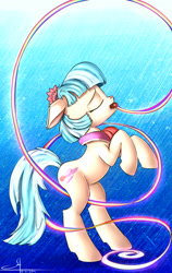 Size: 2245x3543 | Tagged: safe, artist:1vladislav, derpibooru import, coco pommel, pony, bipedal, mouth hold, rainbow thread, solo