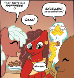 Size: 460x481 | Tagged: safe, idw, vermouth roux, buffalo, earth pony, griffon, pony, spoiler:comic, spoiler:comicff01, big angie, bindi, brown background, cropped, eating, female, mare, official comic, simple background, speech bubble, toffee truffle
