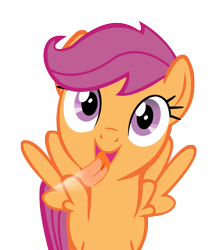 Size: 1280x1482 | Tagged: safe, artist:umbra-neko, derpibooru import, scootaloo, cute, cutealoo, fourth wall, licking, licking ponies, screen, simple background, solo, transparent background, vector