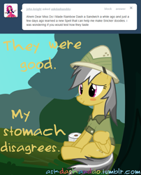 Size: 663x821 | Tagged: safe, artist:drumblastingquilava, derpibooru import, daring do, ask, askdashanddo, blushing, embarrassed, implied diarrhea, solo, toilet paper, tumblr
