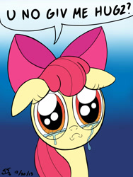 Size: 1800x2400 | Tagged: source needed, safe, artist:tomtornados, derpibooru import, apple bloom, :c, adorabloom, bronybait, colored, crying, cute, floppy ears, frown, gradient background, hug request, looking at you, puppy dog eyes, sad, sad face, sadorable, solo, speech bubble