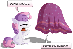 Size: 800x535 | Tagged: safe, artist:berrypawnch, derpibooru import, sweetie belle, princess twilight sparkle (episode), dictionary, dictionary belle, dumb fabric, everfree magic, fabric, magic, solo, speech bubble