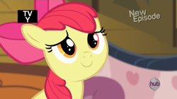 Size: 853x478 | Tagged: safe, derpibooru import, screencap, apple bloom, earth pony, pony, pinkie apple pie, adorabloom, bow, cute, female, filly, hair bow, hub logo, smiling, solo, tv rating, tv-y