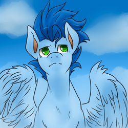 Size: 1000x1000 | Tagged: safe, artist:kikuri-tan, derpibooru import, soarin', bust, portrait, sky, solo