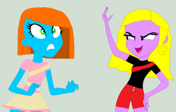 Size: 824x523 | Tagged: artist needed, source needed, safe, oc, oc only, equestria girls, blonde hair, blue skin, clothes, duo, duo female, female, open mouth, orange hair, purple skin, simple background, skirt, smiling, trace